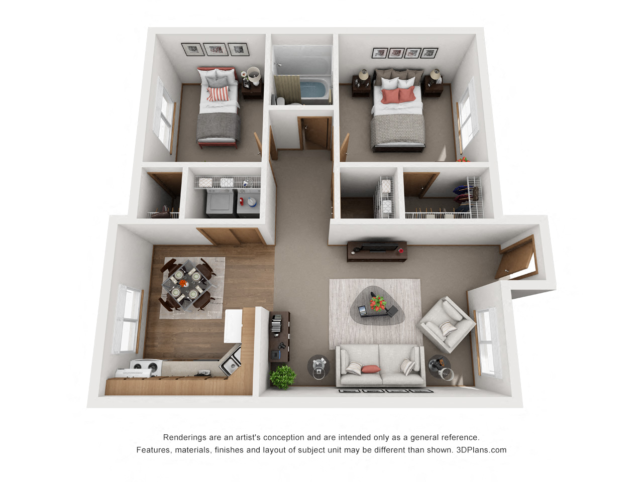 Floor plan for 2 beds, 1 bath, 780 sqft